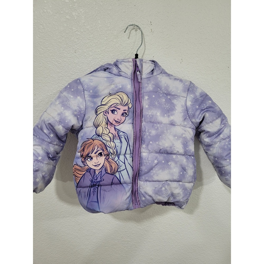 Disney Frozen Elsa Anna Purple Snowflake‎ Puffer Jacket Hooded 2T Girls #10